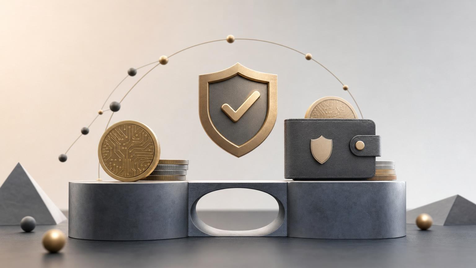 A cryptocurrency exchange safety checklist beside a hardware wallet, transaction details, and a blockchain explorer screen